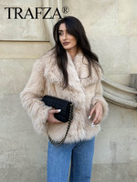 TRAF 2024 Women Fashion Cropped Faux Fur Jacket Coat Long Sleeve Front Snap-button Female Outerwear Chic Lapel Collar Thick Coat 2